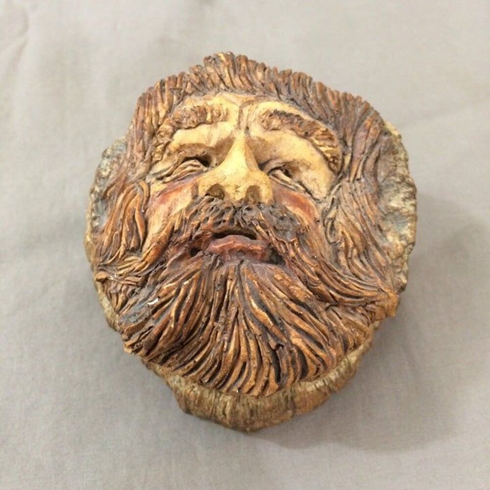 Vintage Wood Spirit Green Man Face Trinket Box Heart Shaped Bearded Faux Bark